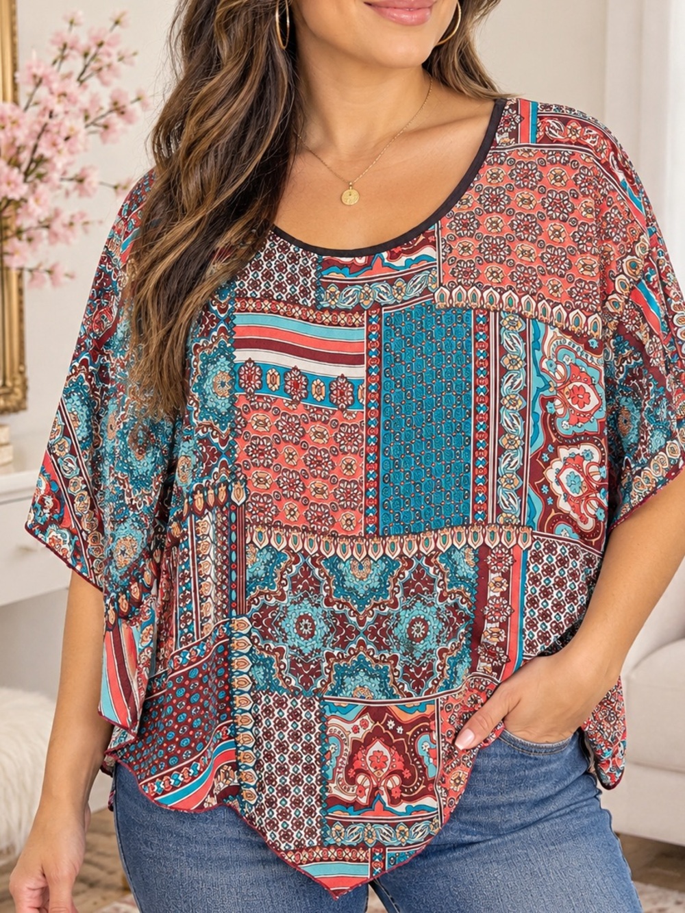 Women’s Boho Patchwork Cape Top in Teal & Coral - Unbranded